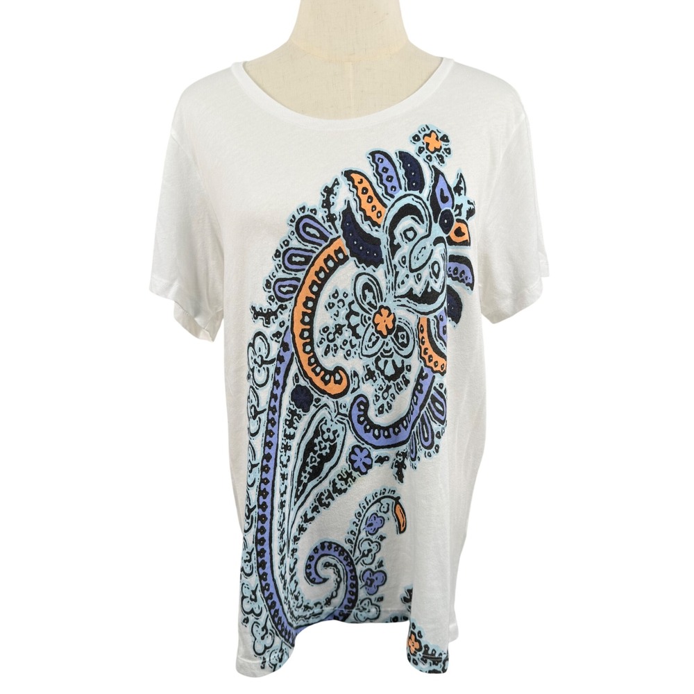 J Crew Collector Tee Shirt XL White Paisley Graphic Retro Artistic Lightweight